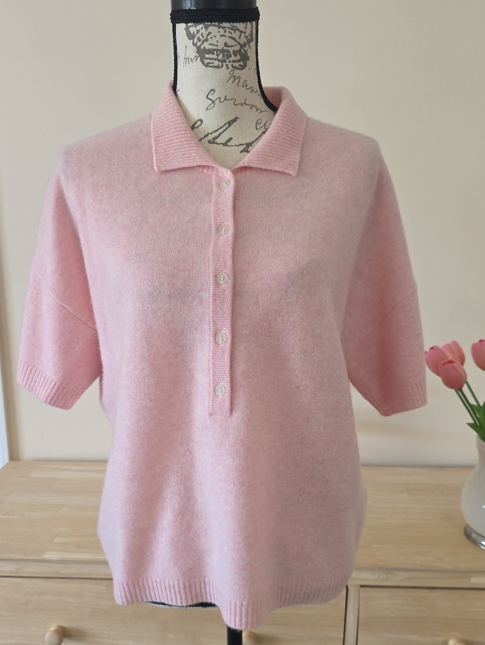 NAADAM Pastel Pink 100% Cashmere Polo Button Top
